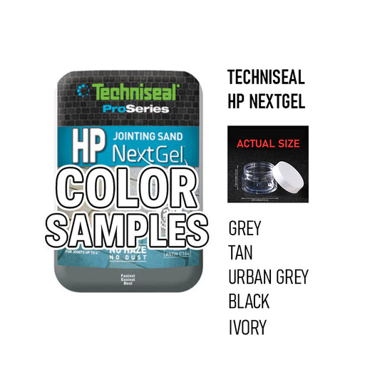 Techniseal HP NextGel polymeric sand color samples – jar with Grey, Tan, Urban Grey, Black and Ivory options 