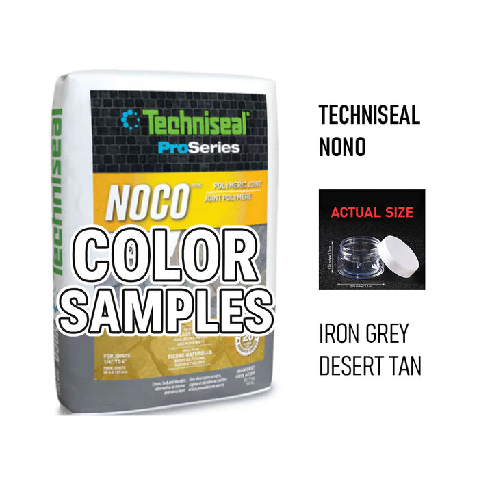 Techniseal NOCO Pro Series polymeric joint sand color samples in Iron Grey and Desert Tan, shown with small sample container