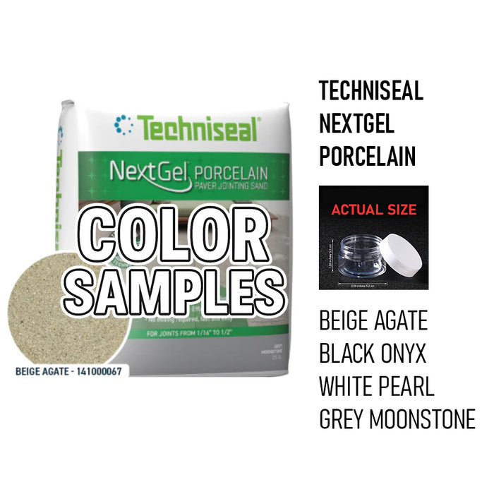 Techniseal NextGel Porcelain Paver Jointing Sand color samples in Beige Agate, Black Onyx, White Pearl, and Grey Moonstone
