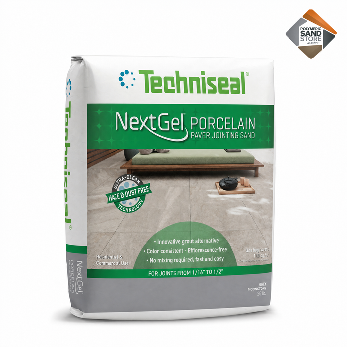 Techniseal NextGel Porcelain jointing sand 25 lb Grey Moonstone, grout alternative for porcelain pavers, joints 1/16 to 1/2 in