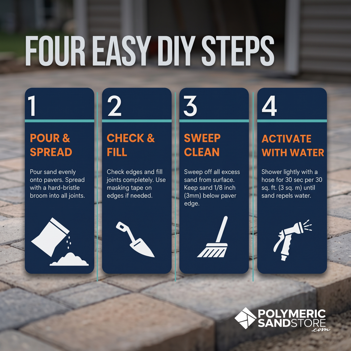 WetLok permeable jointing sand DIY steps – pour and spread, check and fill, sweep clean, water application on pavers