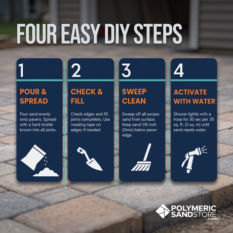 WetLok permeable jointing sand DIY steps – pour and spread, check and fill, sweep clean, water application on pavers