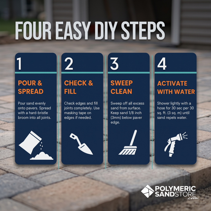 WetLok permeable jointing sand DIY steps – pour and spread, check and fill, sweep clean, water application on pavers