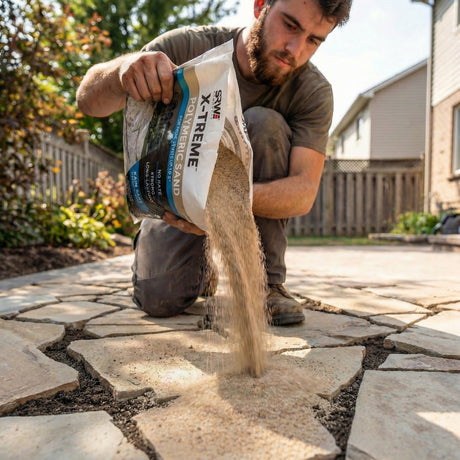 Pouring SRW X-Treme polymeric sand into wide flagstone joints – wide joint jointing sand application on natural stone patio