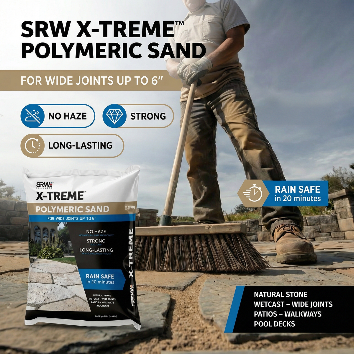 SRW X-Treme polymeric sand specs – wide joint sand for natural stone, wetcast, pool decks, joints up to 6 inches, rain safe 20 min