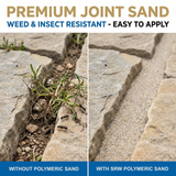 Flagstone joints with weeds and ants vs filled with SRW polymeric sand – weed and insect resistant wide joint sand comparison