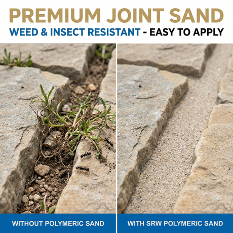 Flagstone joints with weeds and ants vs filled with SRW polymeric sand – weed and insect resistant wide joint sand comparison