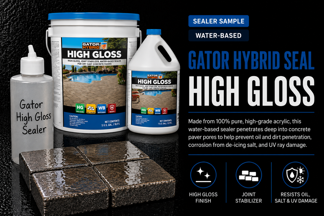 Alliance Gator High Gloss Paver Sealer 8oz sample bottle with real Gator Hybrid Seal water-based bucket and jug, high-gloss finish and joint stabilizer on concrete pavers - Polymeric Sand Store