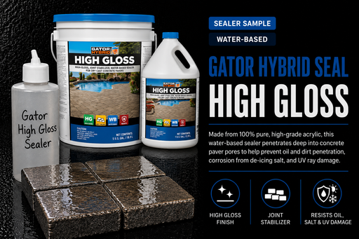 Alliance Gator High Gloss Paver Sealer 8oz sample bottle with real Gator Hybrid Seal water-based bucket and jug, high-gloss finish and joint stabilizer on concrete pavers - Polymeric Sand Store