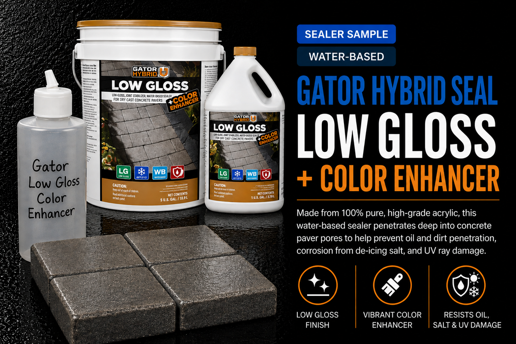 Alliance Gator Low Gloss + Color Enhancer Paver Sealer 8oz sample bottle with real Gator Hybrid Seal water-based bucket and jug, low-gloss finish and vibrant color enhancement on concrete pavers - Polymeric Sand Store