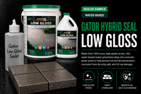 Alliance Gator Low Gloss Paver Sealer 8oz sample bottle with real Gator Hybrid Seal water-based bucket and jug, low-gloss finish and joint stabilizer with no color enhancement on concrete pavers - Polymeric Sand Store