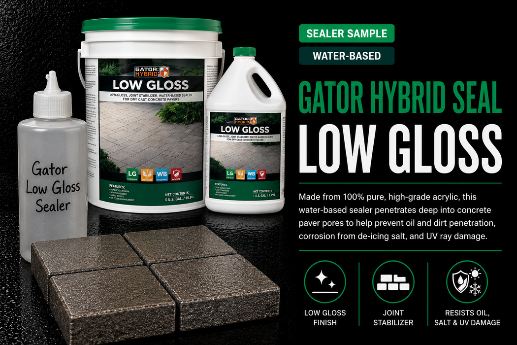 Alliance Gator Low Gloss Paver Sealer 8oz sample bottle with real Gator Hybrid Seal water-based bucket and jug, low-gloss finish and joint stabilizer with no color enhancement on concrete pavers - Polymeric Sand Store