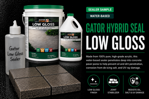 Alliance Gator Low Gloss Paver Sealer 8oz sample bottle with real Gator Hybrid Seal water-based bucket and jug, low-gloss finish and joint stabilizer with no color enhancement on concrete pavers - Polymeric Sand Store