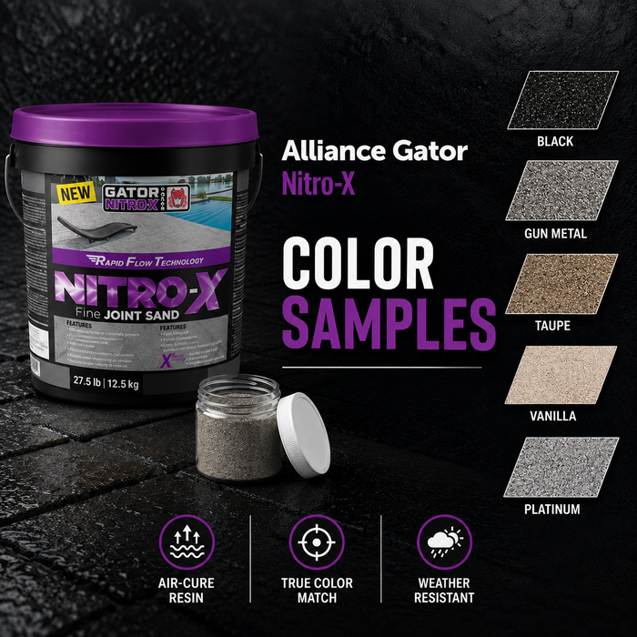 Alliance Gator Nitro-X fine joint sand color samples: all 5 shades Black, Gun Metal, Taupe, Vanilla, and Platinum sample kit by Polymeric Sand Store
