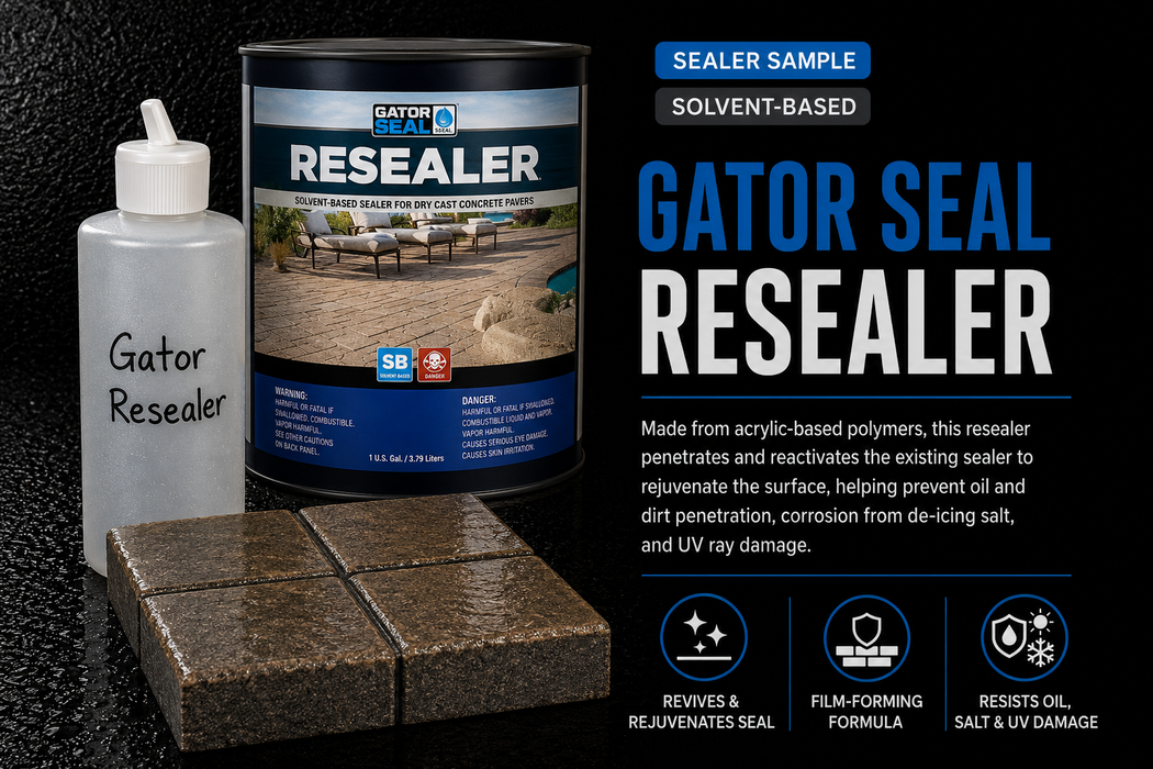 Alliance Gator Resealer 8oz sample bottle with real Gator Seal Resealer solvent-based can, revives and rejuvenates existing sealer on concrete pavers - Polymeric Sand Store