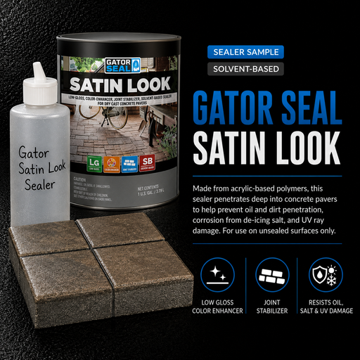 Alliance Gator Satin Look Acrylic Paver Sealer 8oz sample bottle with real Gator Seal Satin Look solvent-based can, low-gloss color enhancer and joint stabilizer finish on concrete pavers - Polymeric Sand Store