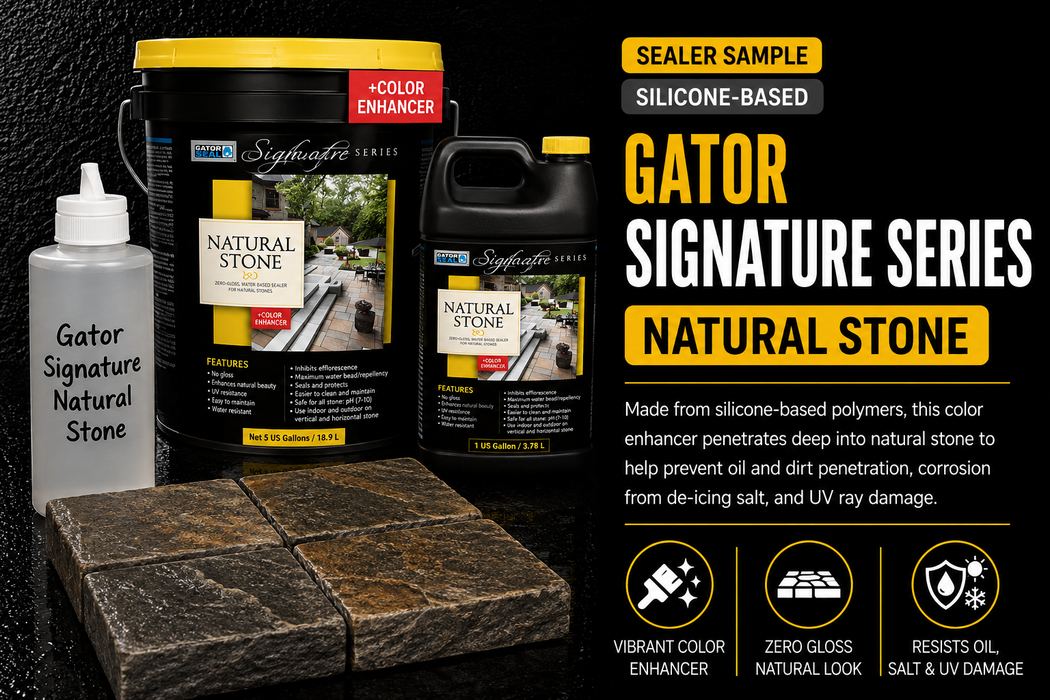 Alliance Gator Signature Series Natural Stone Color Enhancer 8oz sample bottle with real silicone-based bucket and jug, zero-gloss color enhancer that darkens natural stone with a rich wet-look finish and no shine - Polymeric Sand Store