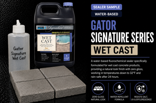 Alliance Gator Signature Series Wet Cast Zero Gloss Sealer 8oz sample bottle with real water-based fluorochemical jug, natural look zero-gloss finish for wet cast concrete products that is water repellent and resists salt, UV and efflorescence - Polymeric Sand Store