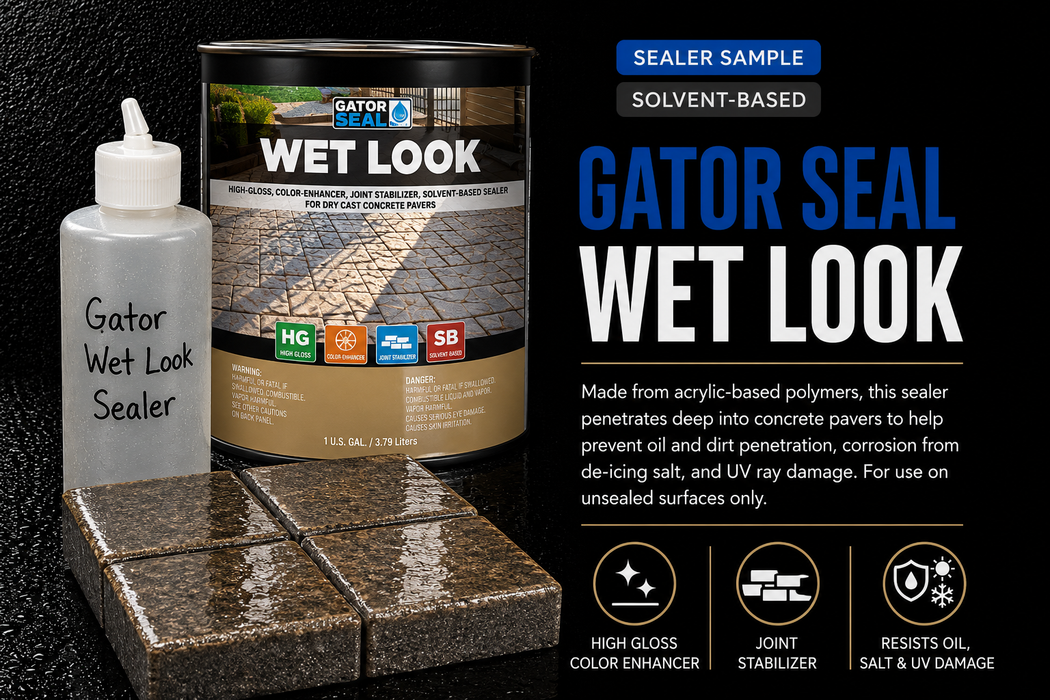 Alliance Gator Wet Look Acrylic Paver Sealer 8oz sample bottle with real Gator Seal Wet Look solvent-based can, high-gloss color enhancer and joint stabilizer finish on concrete pavers - Polymeric Sand Store