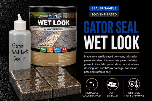 Alliance Gator Wet Look Acrylic Paver Sealer 8oz sample bottle with real Gator Seal Wet Look solvent-based can, high-gloss color enhancer and joint stabilizer finish on concrete pavers - Polymeric Sand Store