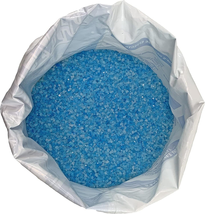 Open 50 lb bag of Blue Emperor pet safe ice melt viewed from above, blue magnesium chloride ice melter granules for driveways, sidewalks and concrete, environmentally friendly de-icer effective to -15 degrees Fahrenheit