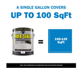 Dyco Paver Sealer coverage chart showing that a single gallon of this acrylic waterproofing paver sealer covers up to 100 square feet, or 100 to 125 square feet depending on substrate and application method