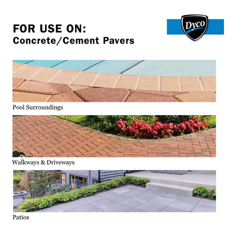 Dyco Paver Sealer use guide for concrete and cement pavers with photos of pool surroundings, brick walkways and driveways, and a stone paver patio