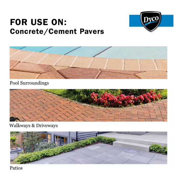 Dyco Paver Sealer use guide for concrete and cement pavers with photos of pool surroundings, brick walkways and driveways, and a stone paver patio