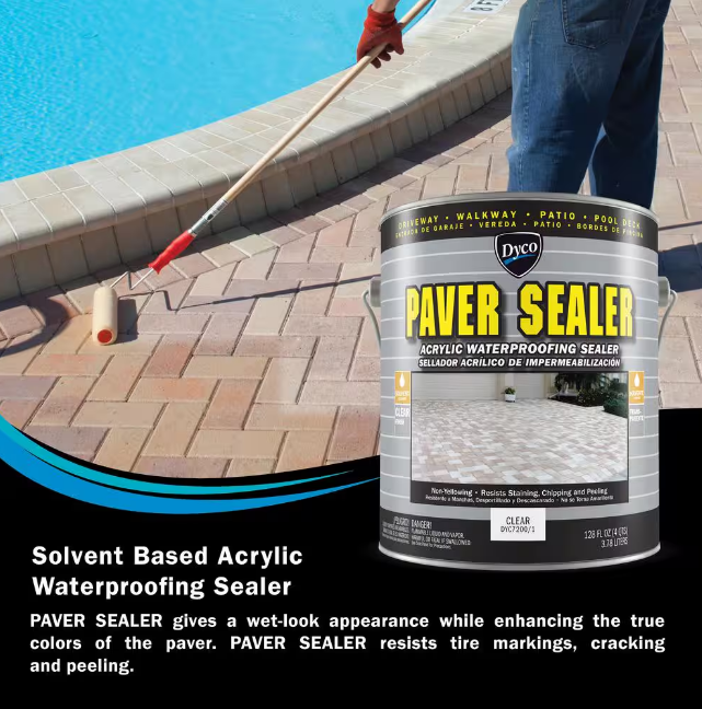 Dyco Paver Sealer gallon can over a photo of someone roller applying this solvent based acrylic waterproofing sealer to a paver pool deck, wet look finish that enhances paver color and resists tire markings, cracking and peeling