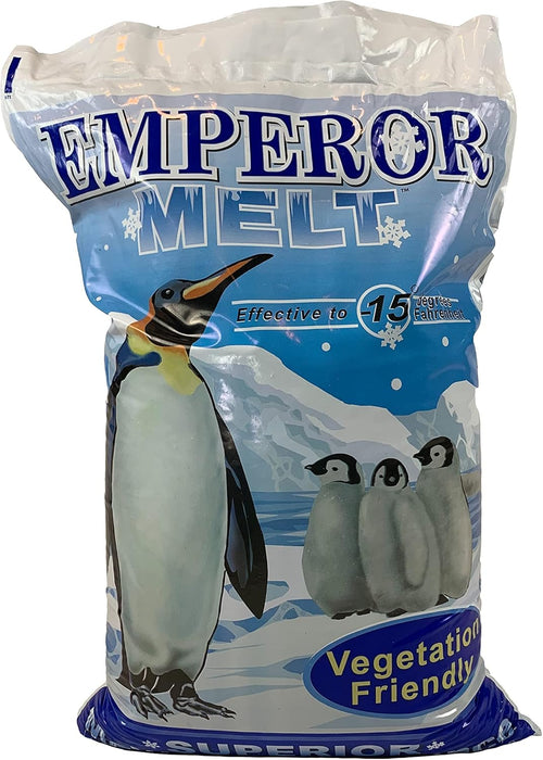 Emperor Melt Blue Emperor ice melt 50 lb bag with emperor penguin artwork, vegetation friendly and pet safe magnesium chloride ice melter for driveways and sidewalks, effective to -15 degrees Fahrenheit