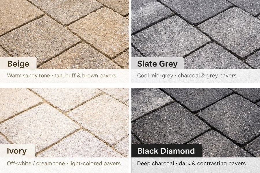 Gator Maxx G2 polymeric sand colors: Beige warm sandy tone for tan buff brown pavers, Slate Grey cool mid-grey for charcoal grey pavers, Ivory off-white cream for light-colored pavers, Black Diamond deep charcoal for dark contrasting pavers