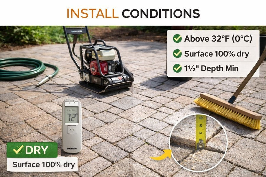 Installation on paver patio jobsite showing plate compactor, push broom and thermometer for SuperSand G2 polymeric sand installation