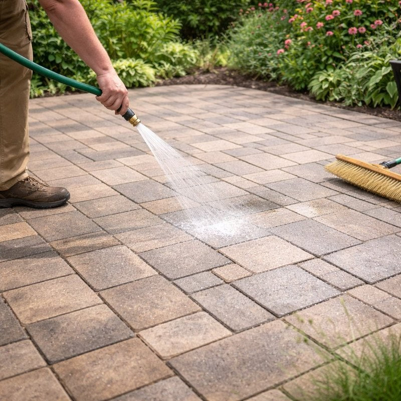 Contractor watering interlocking concrete paver patio with garden hose on shower setting during maintenance of polymeric sand joints