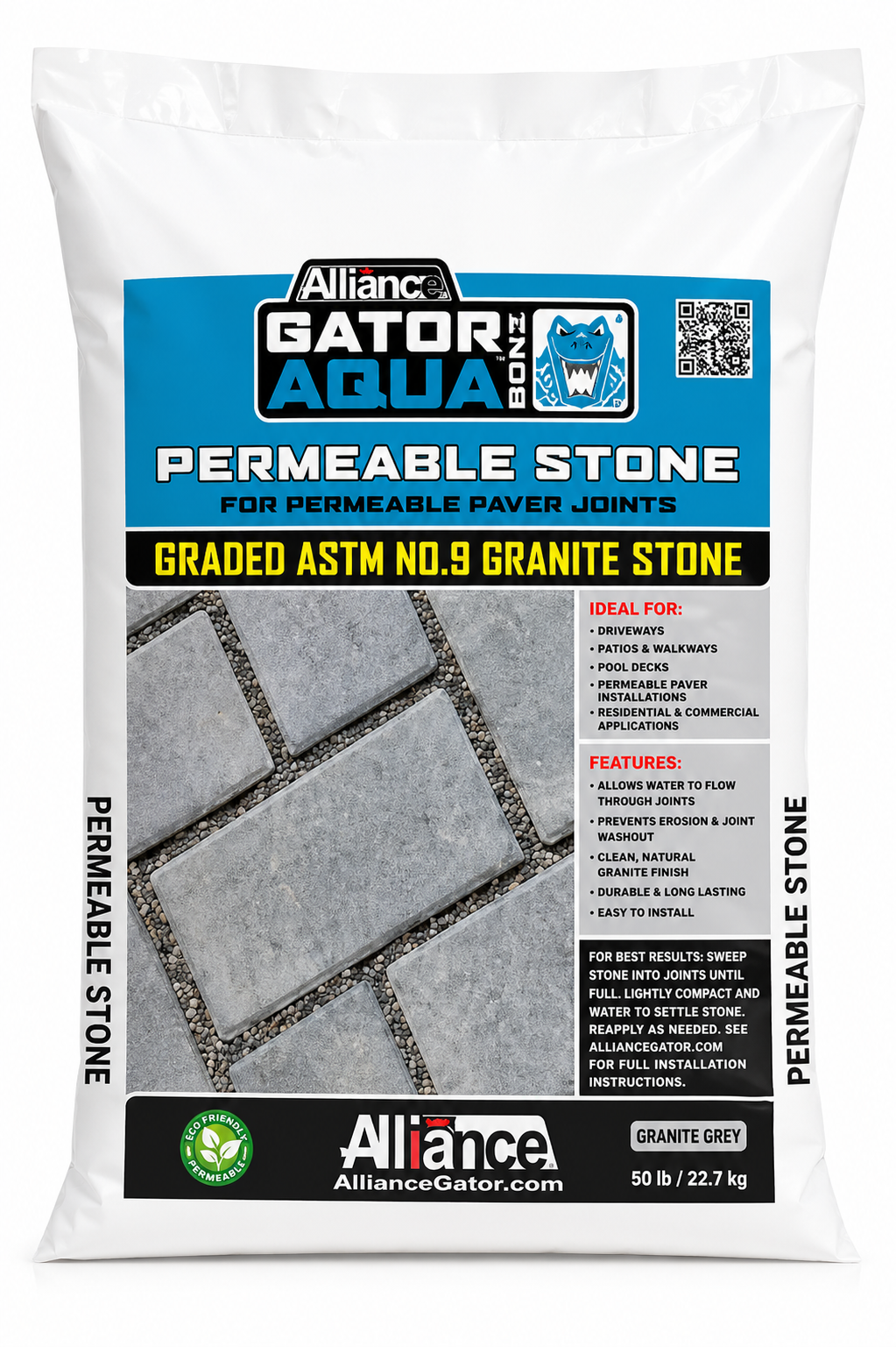 Alliance Gator Aqua Rock permeable paver aggregate, ASTM No. 9 graded granite stone for permeable patios and walkways.