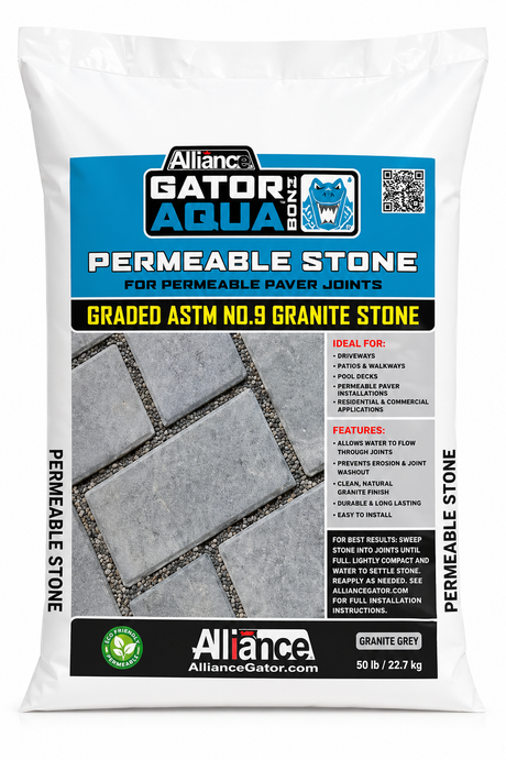 Alliance Gator Aqua Rock permeable paver aggregate, ASTM No. 9 graded granite stone for permeable patios and walkways.