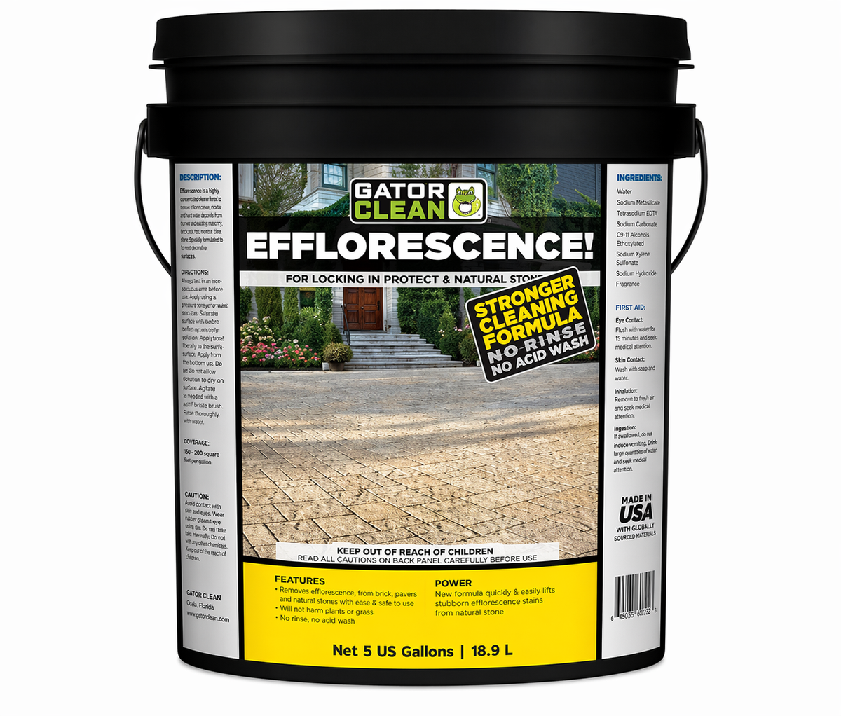 Alliance Gator Clean Efflorescence Remover, 5 gallon no rinse no acid wash cleaner for pavers, brick, and natural stone.
