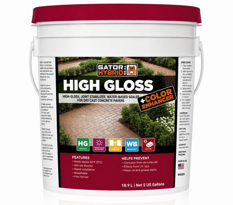 Alliance Gator Hybrid Seal High Gloss with color enhancer, 5 gallon water based paver sealer for dry cast concrete pavers.