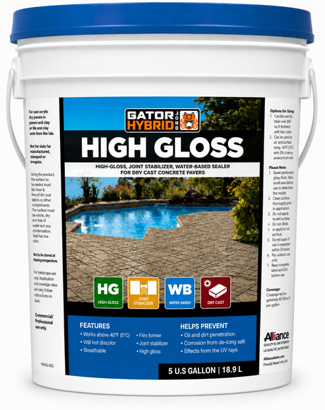 Alliance Gator Hybrid Seal High Gloss water based paver sealer, 5 gallon UV resistant sealer for dry cast concrete pavers.