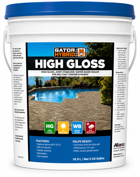 Alliance Gator Hybrid Seal High Gloss water based paver sealer, 5 gallon UV resistant sealer for dry cast concrete pavers.