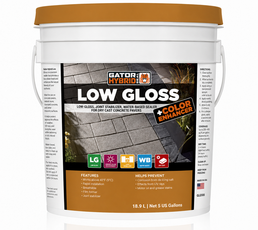 Alliance Gator Hybrid Seal Low Gloss with color enhancer, 5 gallon water based paver sealer for dry cast concrete pavers.