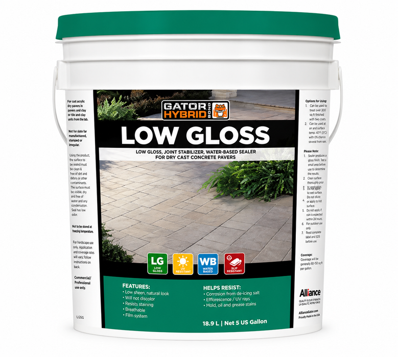 Alliance Gator Hybrid Seal Low Gloss water based paver sealer, 5 gallon UV resistant sealer for dry cast concrete pavers.