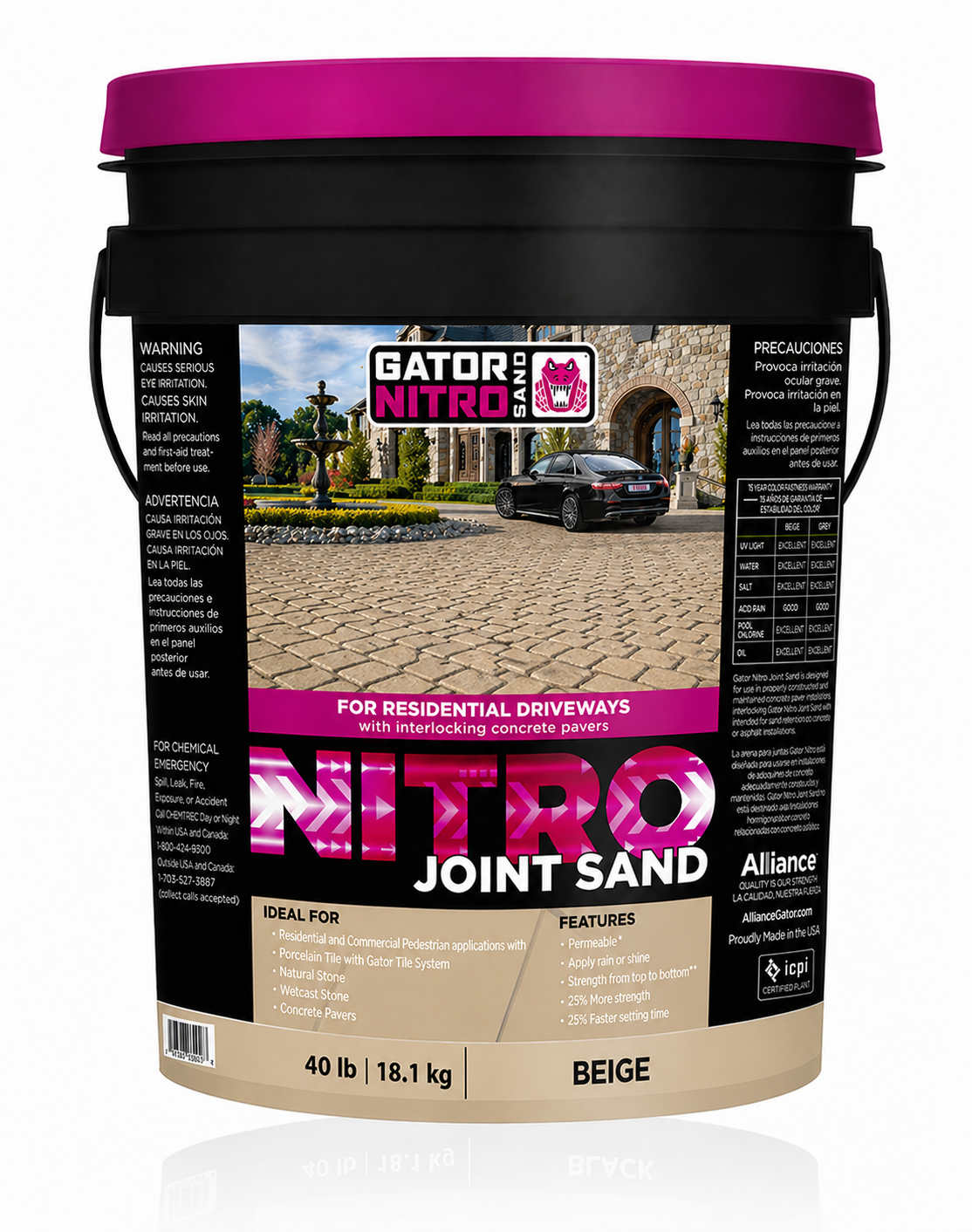 Alliance Gator Nitro Joint Sand in beige, 40 lb pail air cure resin jointing sand for residential paver driveways.