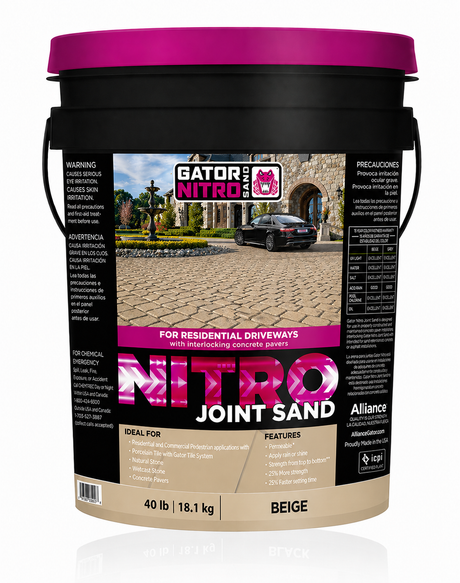 Alliance Gator Nitro Joint Sand in beige, 40 lb pail air cure resin jointing sand for residential paver driveways.