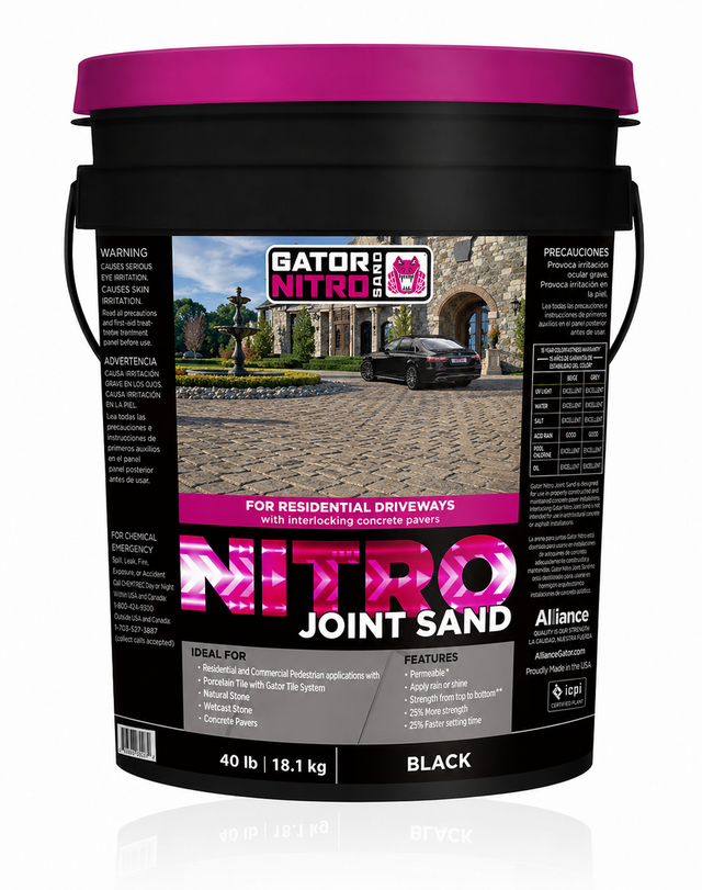 Alliance Gator Nitro Joint Sand in black, 40 lb pail air cure resin jointing sand for residential paver driveways.