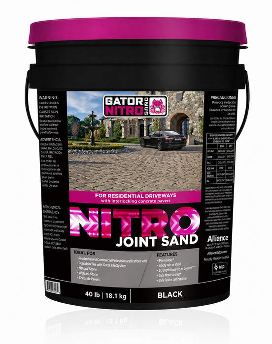 Alliance Gator Nitro Joint Sand in black, 40 lb pail air cure resin jointing sand for residential paver driveways.
