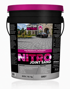 Alliance Gator Nitro Joint Sand in grey, 40 lb pail air cure resin jointing sand for residential paver driveways.