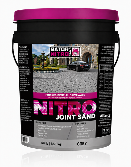 Alliance Gator Nitro Joint Sand in grey, 40 lb pail air cure resin jointing sand for residential paver driveways.