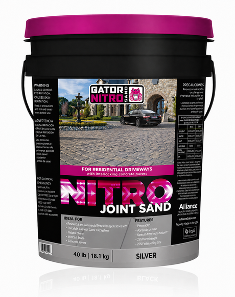 Alliance Gator Nitro Joint Sand in silver, 40 lb pail air cure resin jointing sand for residential paver driveways.