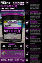 Alliance Gator Nitro X Fine Joint Sand infographic showing rapid flow, air cure, fine calibrated formula, low permeability.