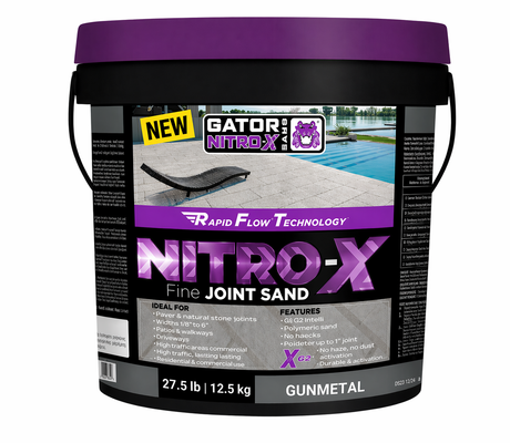 Alliance Gator Nitro X fine joint polymeric sand in gunmetal, 27.5 lb pail for paver and natural stone joints up to 1 inch.